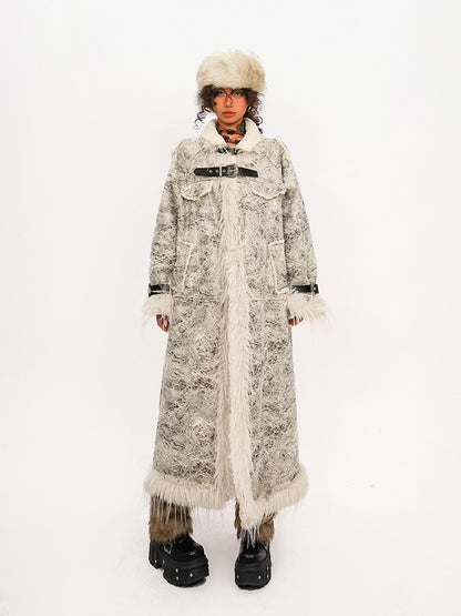 Coat Fur Plush with Straps Adjustable Collar White Mid-Length PU Faux