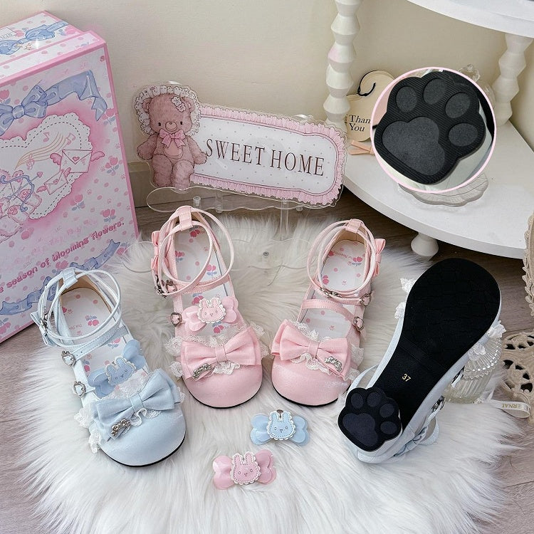 Mary Round - Toe Lolita Sweet with Bow Satin Blue Janes Details