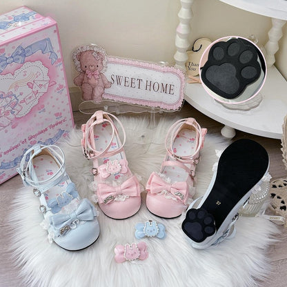 Mary Round - Toe Lolita Sweet with Bow Satin Blue Janes Details