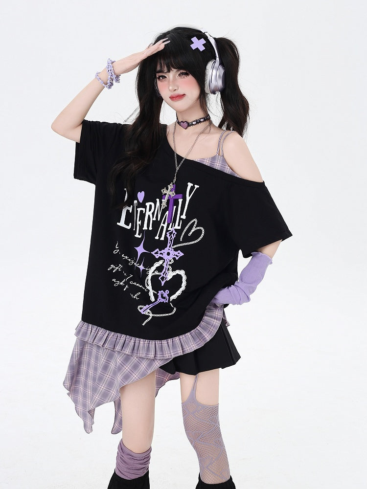 アシンメトリー レッド/パープル チェック柄裾 ブラック パンクロック グラフィック Tシャツ