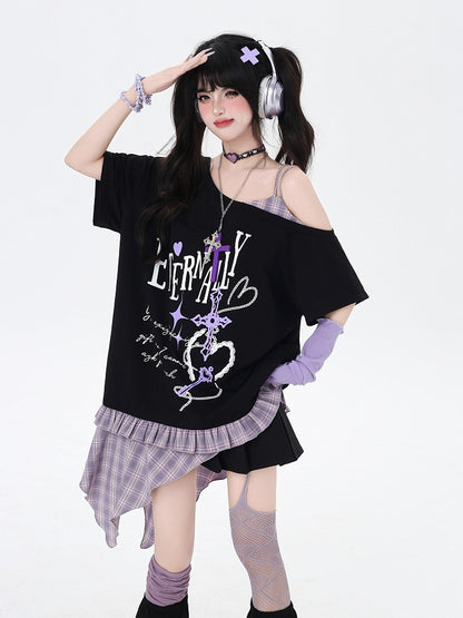 アシンメトリー レッド/パープル チェック柄裾 ブラック パンクロック グラフィック Tシャツ