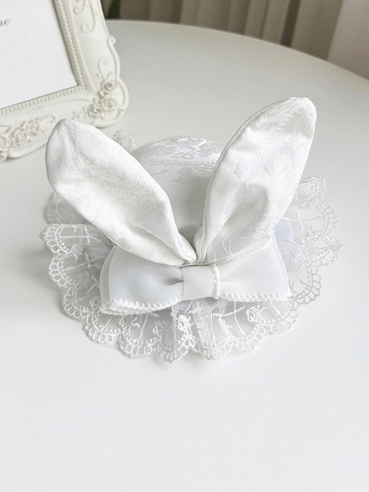 Lace Bow Rabbit Ear Mini Hat - Cute White - With PUJI