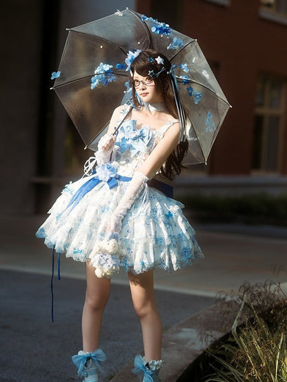 Blue & White Floral Print Lace-Up Lolita Dress Set with Bow Train & Floral Accents - signorina