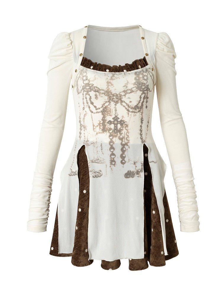 Cross with Brown Punk Vintage Subtle Dress Print Chain Sleeves Beige Puff