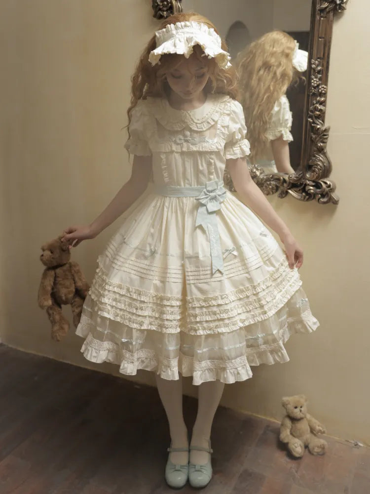 Kleid Schleife Kragen Lolita Grün Beige Baumwolle und Mint Pan Akzente Peter