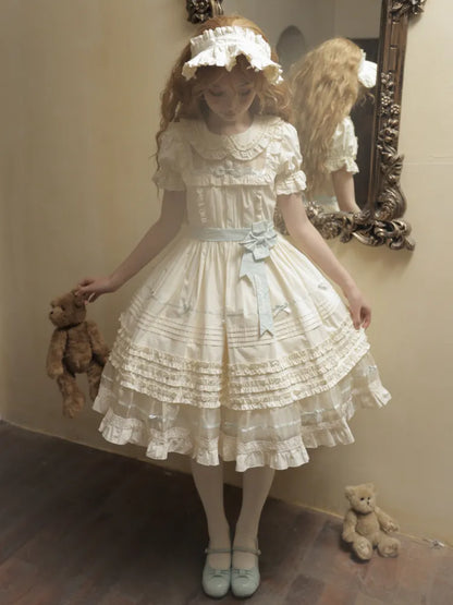 Kleid Schleife Kragen Lolita Grün Beige Baumwolle und Mint Pan Akzente Peter
