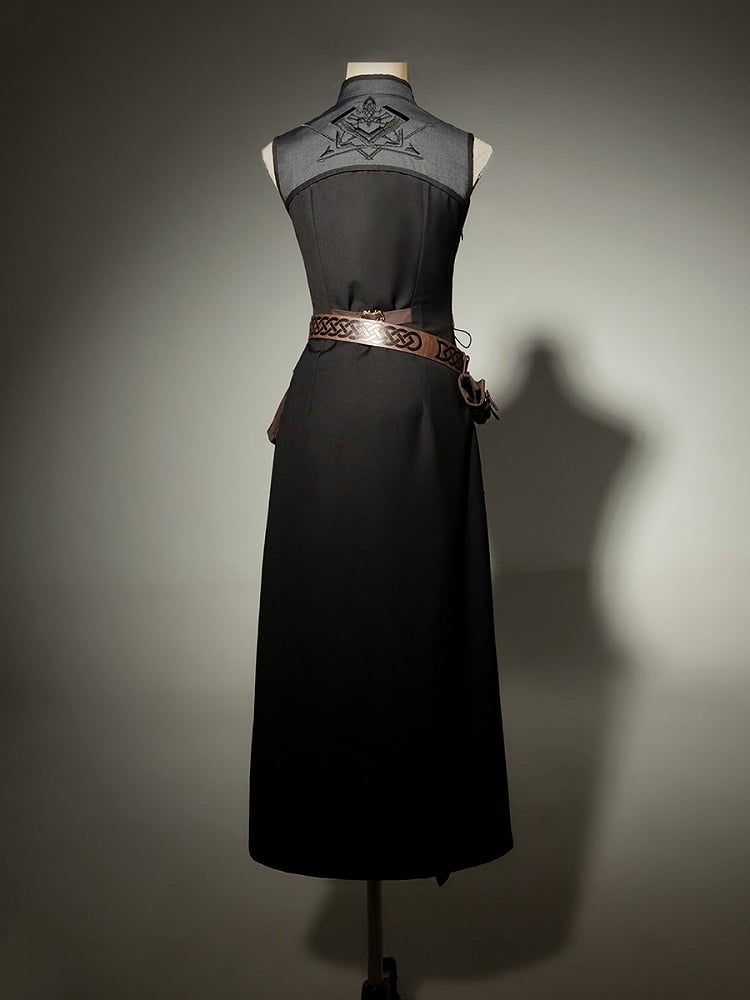 Black Gray Crisscross Buckle Strap Banded Collar Sleeveless Slit Dress - Xiong Dou Jiang