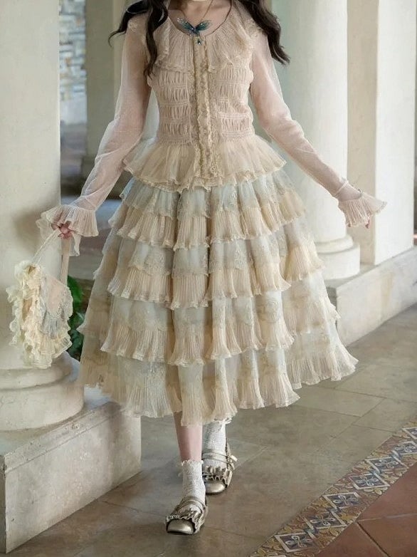 Details with Tulle Flower Multi-Layered Blue Lolita Beige Elegant Skirt Embroidery