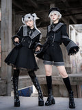 Langärmliges, kurzes, besticktes graues Oberteil und Kragenkreuz Ouji Black Square Lolita