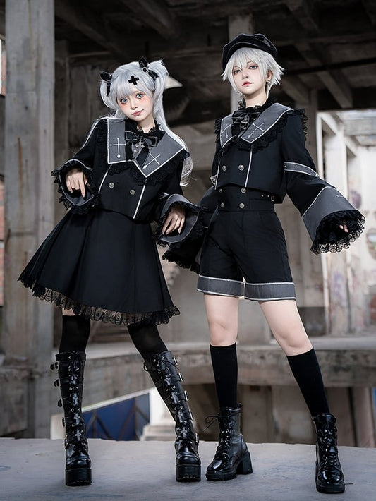 長袖クロップド丈刺繍グレートップスと襟クロス王子ブラックスクエアロリータ