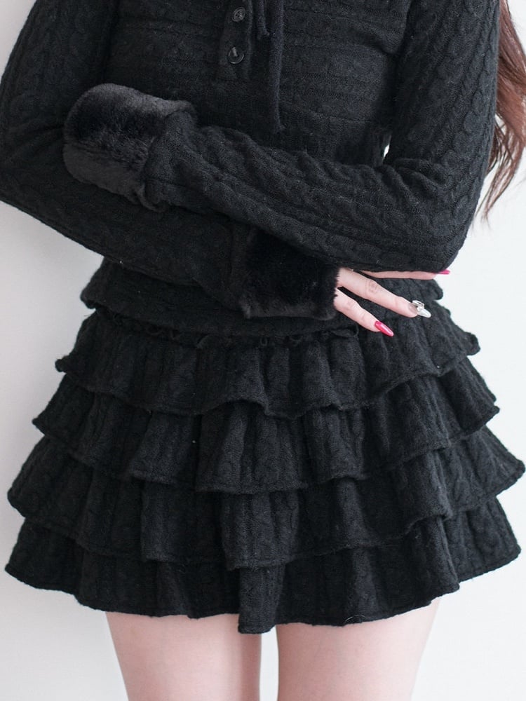 Black Ruffle Kei Multi-Layered Knit Skirt Jirai