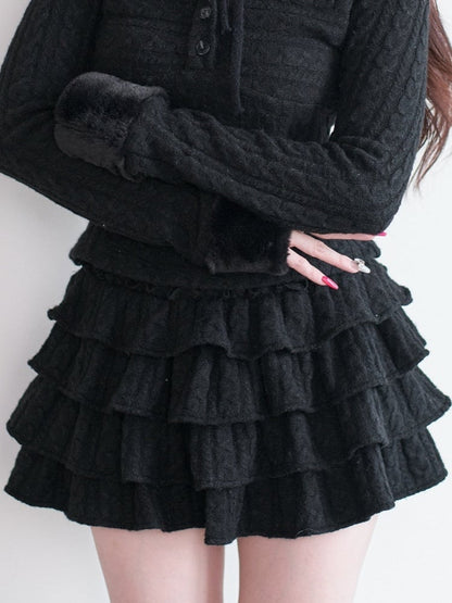 Black Ruffle Kei Multi-Layered Knit Skirt Jirai