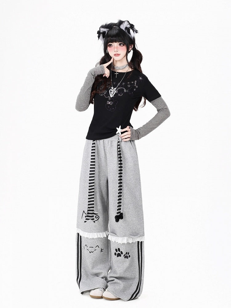 Casual Gray Kitty Print Straight Pants with Lace Trim and Belt - CRAZY GIRL