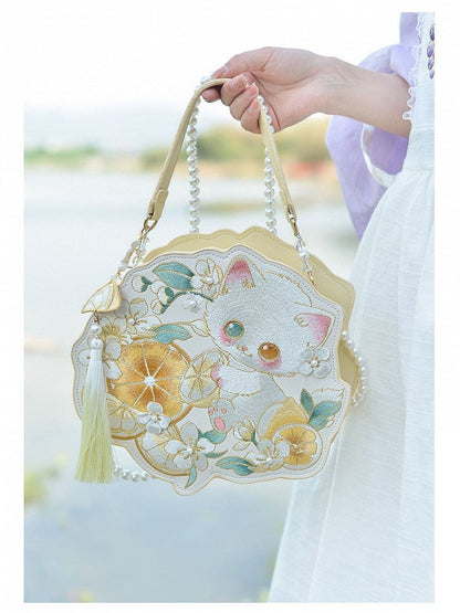 Kawaii Cat Lemon Embroidery Bag Pearl Chain - Miss Cat