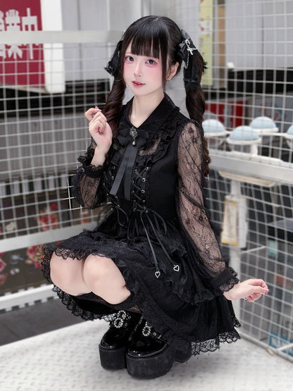 Black Lace Tiered Ruffle Dress with Bow Accents - Puppet Bombs