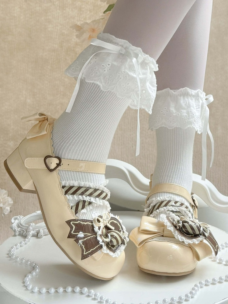 Lolita PU Mary Clip Heart Brown Leather Yellow Low-heel Janes - Candy in Sweet