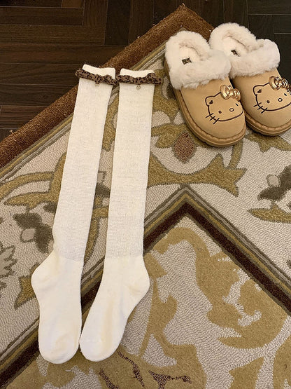 White/Light Coffee/Dark Coffee/Black/Dark Grey Sweet Calf Socks With Leopard Bowknot