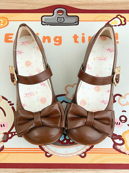 - Mary Brown Fastener Leather Top Bow PU Sweet Low-heel Janes Lolita Bunny with