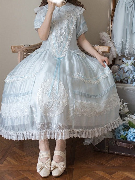 Blue Peter Pan Collar Lolita Long Dress with Lace and Embroidery