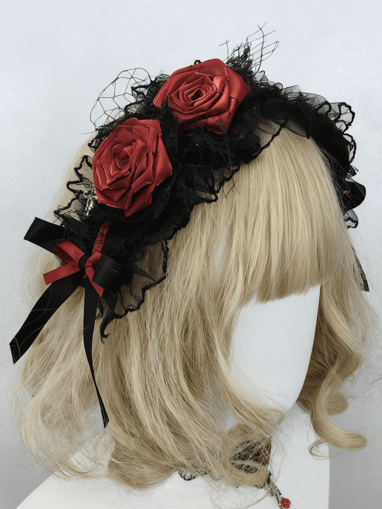 Red Lace Rose Hairband Trim Gothic Bow Wine
