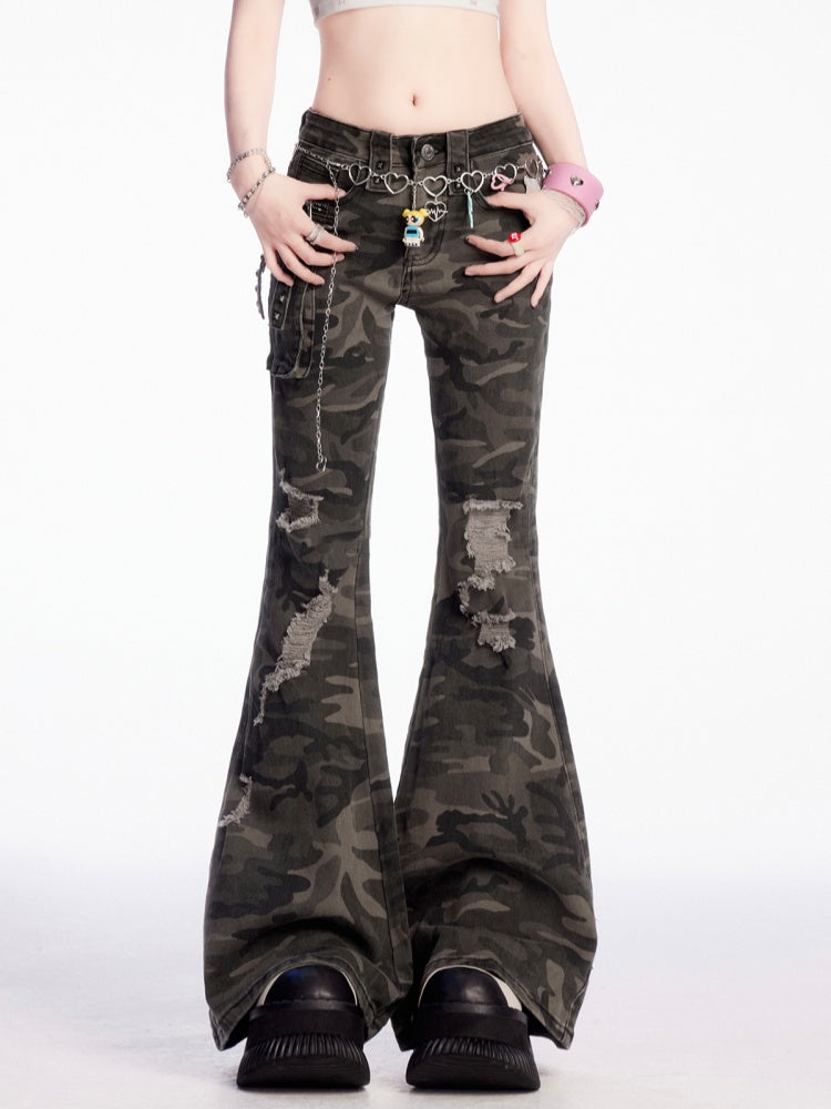 Camouflage Low Flared Cargo Pants Rise Distressed Holes