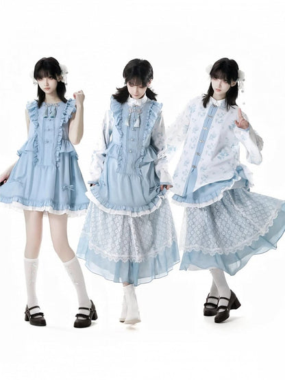 ブルーの伸縮性ウエスト花柄レーススカート