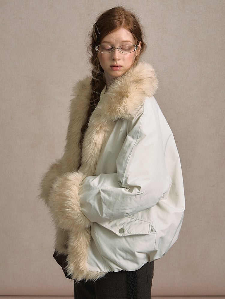 Light Gray/Brown Puffer Jacket with Buckle Strap and Plush Trim