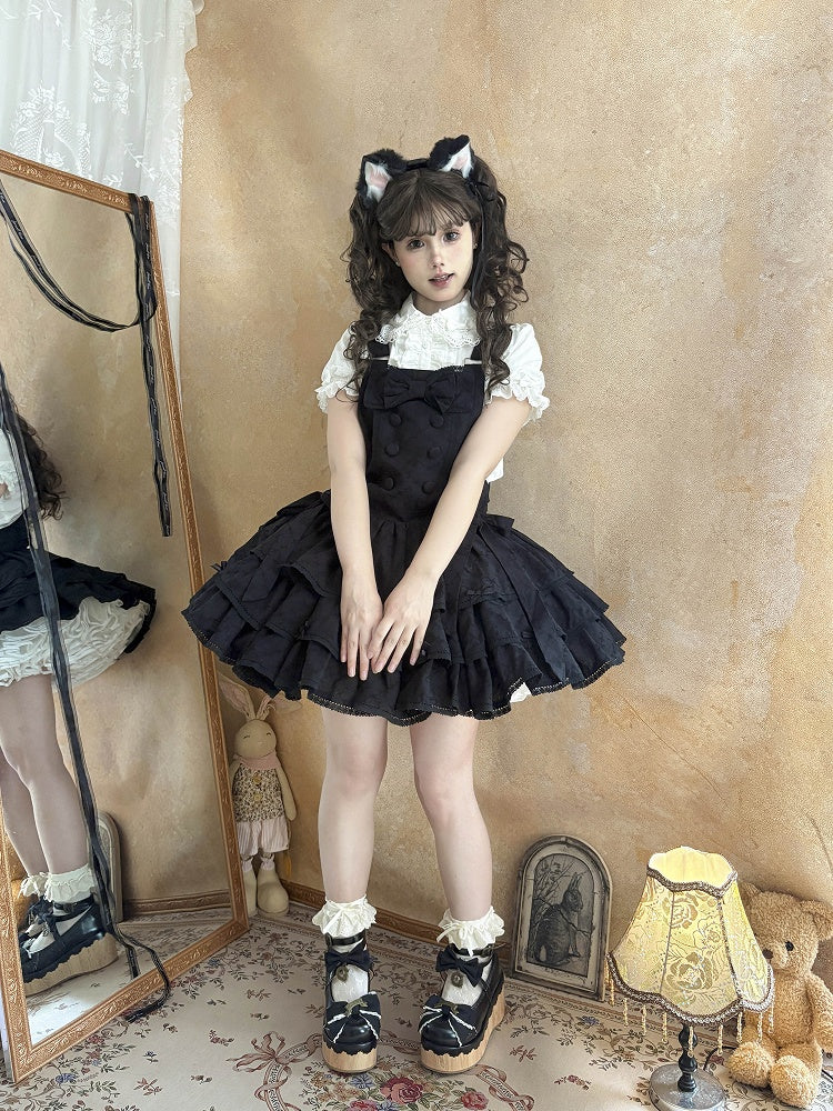 Black Ruffle Sweet Lolita Buttons with Overall Dress Layered Double-Breasted
