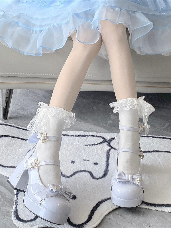 Star in Elegant Lolita High Blue Light 8cm - Accents Block Details Heels Bow