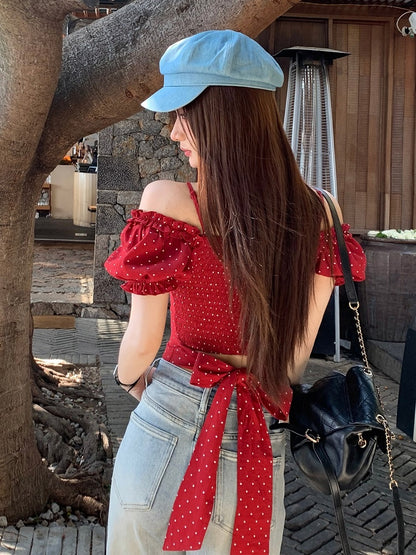 Red Square Neckline Short Sleeve Top with Polka Dot Pattern - Qchiwawameme