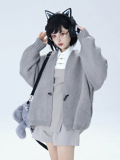 Gray Knit Buckle Cardigan with Unisex Closure Ouji
