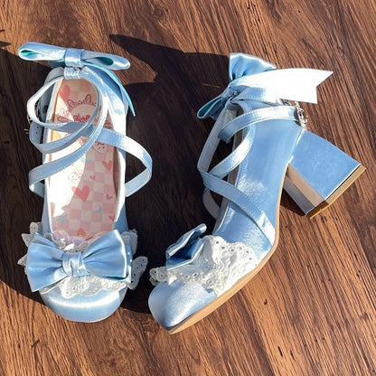 Blue Satin Mid-Heel Mary Janes with Bow Lace & Ice Cream Snap Decor - LU XIAO MAN