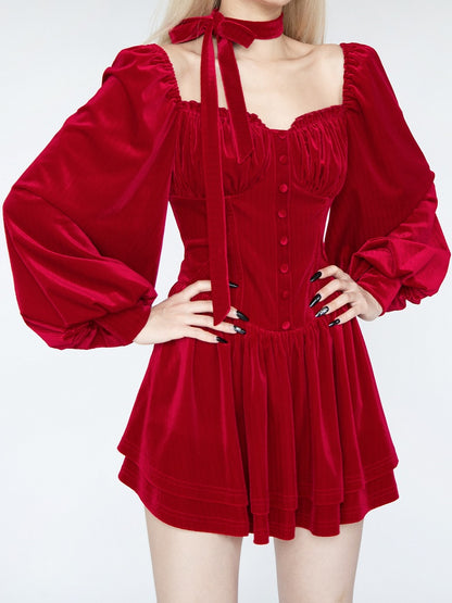 Red Velvet Balloon Sleeves Glamorous Tiered Skirt Mini Dress with Self-tie Scarf