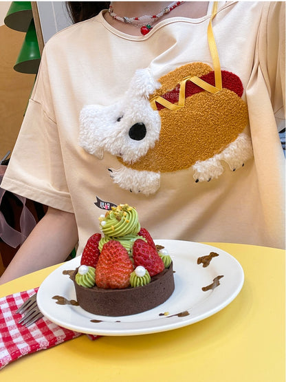 子犬のアップリケTシャツ 非対称ネックライン ホットドッグ アプリコットデザイン
