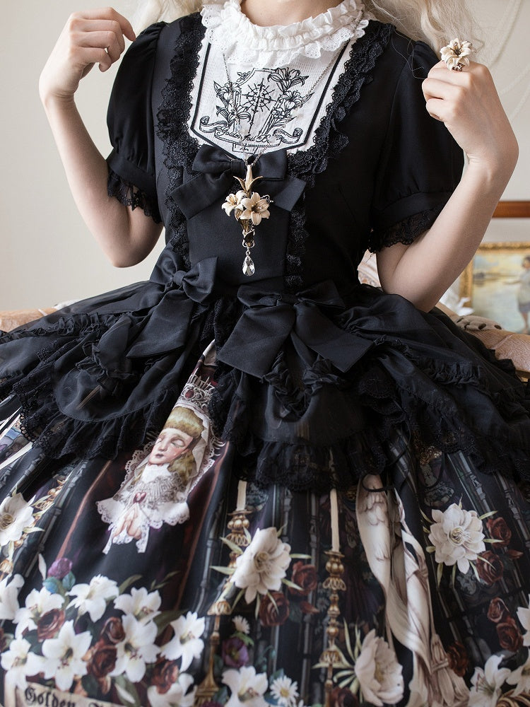 Lily and Puppet Doll Print Black Dark Gothic Lolita Short Sleeves Dress