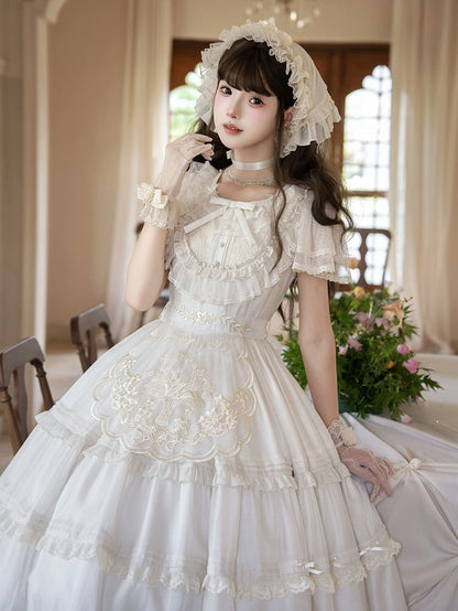 Beige Dots Tulle Flutter Sleeve Lolita Dress - Green Castle