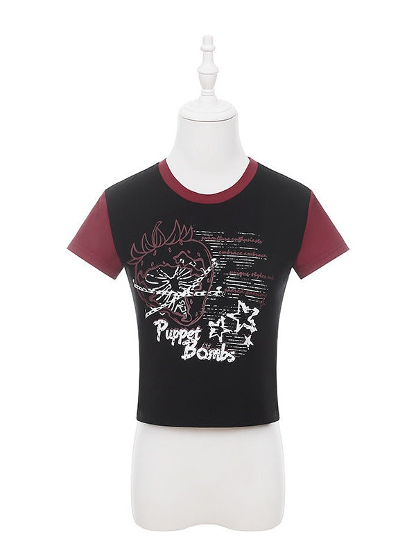 Black & Red Strawberry Chain Print Fitted Short Sleeve T-Shirt - Puppet Bombs