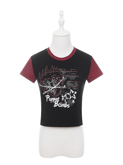 Black & Red Strawberry Chain Print Fitted Short Sleeve T-Shirt - Puppet Bombs