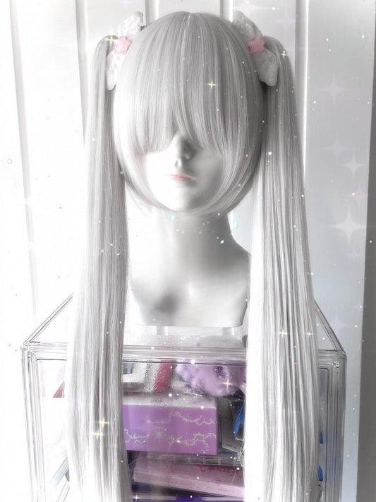 ポニーテール クロークリップ 長さ ダブルウィッグ 前髪 70cm フルショート 30cm ストレート + ホワイト