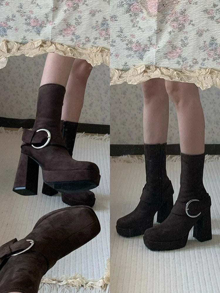 Bottes Mi-mollet Marron à Bout Carré avec Fermeture Éclair Plateforme Boucle Intérieure Talon Carré Haut