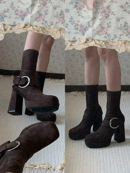 Bottes Mi-mollet Marron à Bout Carré avec Fermeture Éclair Plateforme Boucle Intérieure Talon Carré Haut
