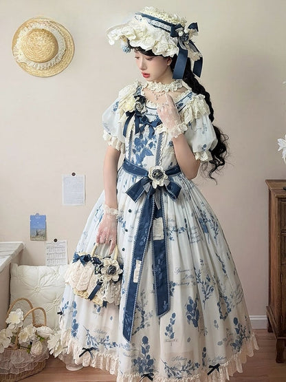 Self-tie Poetry‌ Classic Sash Lolita Sizes Plus Blue Print Elegant and with Available Mulberry Dress