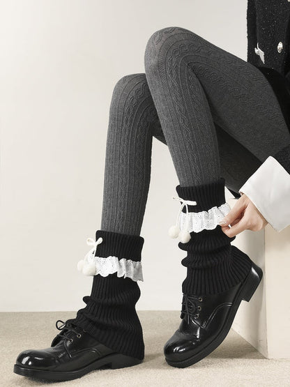 Warmers with Lace Collar 5 Pom-Poms Colors Trim Leg Turn-Down