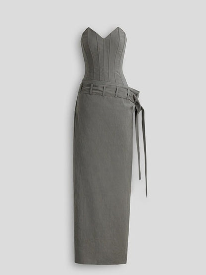 Gray Boned Strapless Long Dress with Belt - INDULGE