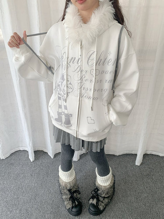White Plush Hood Y2K Hoodie Trim with Jacket