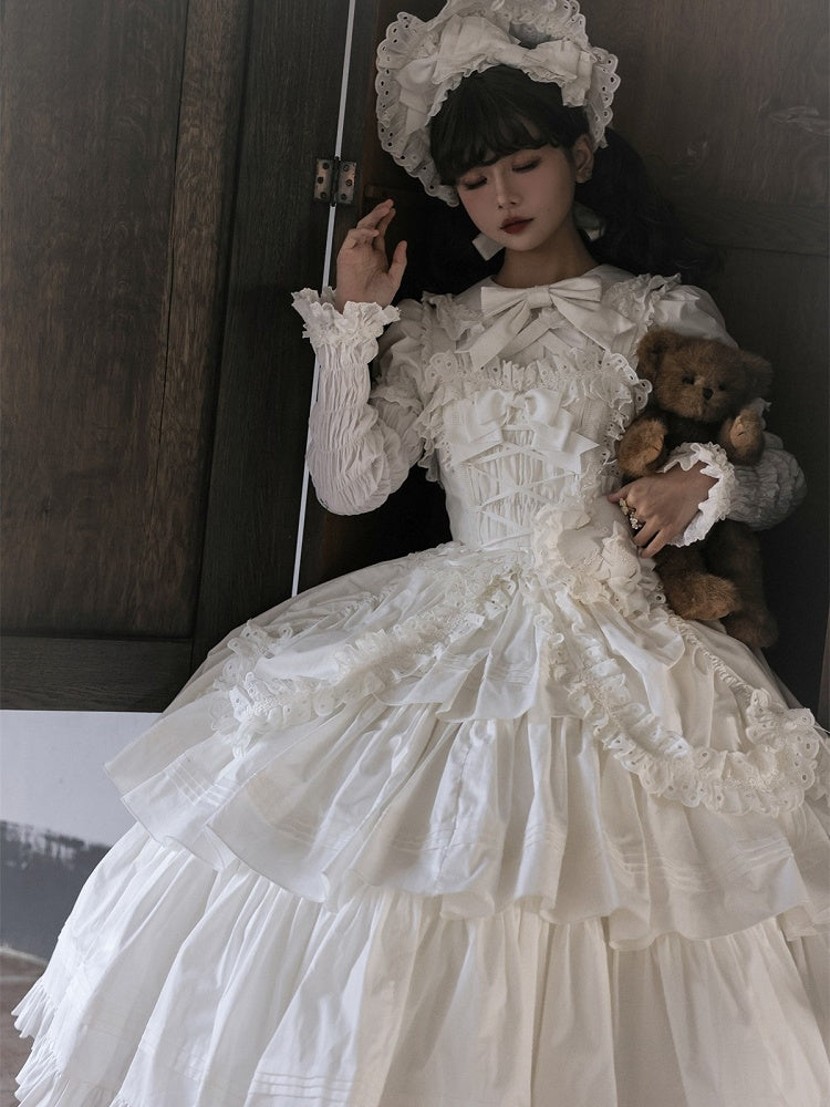 Decoration and Gothic White Heart-shaped Long Dress with Bowknots JSK Lolita Version Ruffled