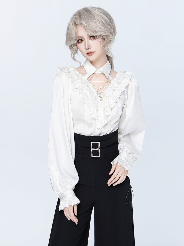 All White Cascading Ruffles V-neck Long Sleeves Backless Shirt with Bead Chains - DevilInspired Exclusive Collection
