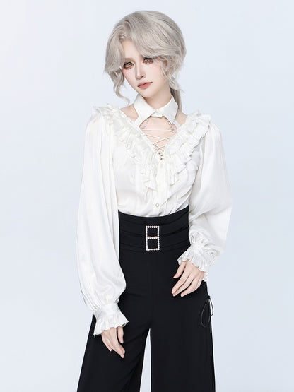 All White Cascading Ruffles V-neck Long Sleeves Backless Shirt with Bead Chains - DevilInspired Exclusive Collection