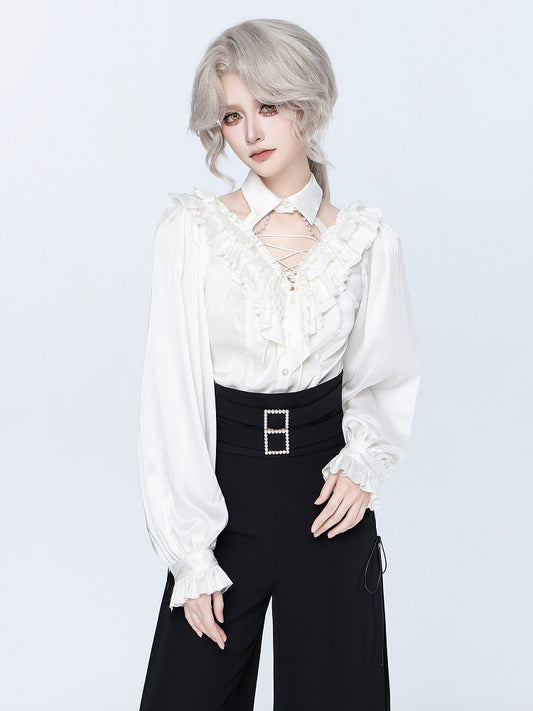 All White Cascading Ruffles V-neck Long Sleeves Backless Shirt with Bead Chains - DevilInspired Exclusive Collection