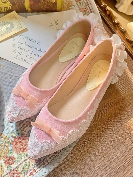 Shoes Classic Bow Pink Flat Lolita with Delicate Pointed Toe for